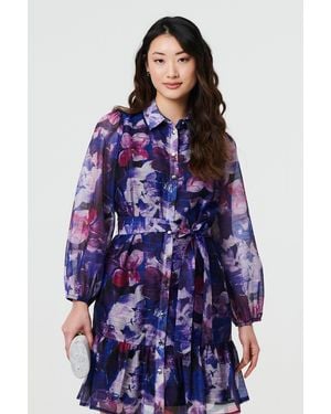 Izabel London Floral Tie Waist Mini Shirt Dress - Purple