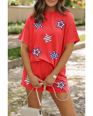 Azura Exchange Starembroidered Gebreide Shorts Set - Rood