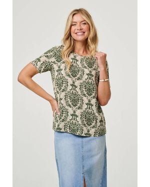 Izabel London Baroque Print Short Sleeve Relaxed Top - Green