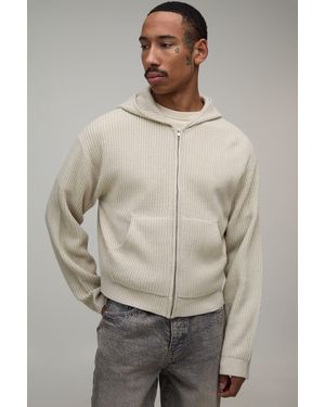 BoohooMAN Boxy Fit Ribbed Knitted Hoodie - Natural