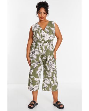 Quiz Curve Khaki Tropical Print Wrap Jumpsuit - Green