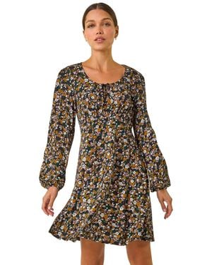 Roman Floral Print Bow Detail Stretch Dress - Yellow