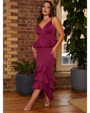 Chi Chi London Cami Strap Ruffle Detail Bodycon Midi Dress - Brown