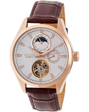 Heritor Sebastian Semi-Skeleton Leather-Band Watch - Pink