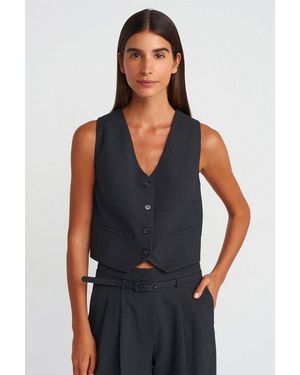 Dilvin Crop Crepe Waistcoat With Button Closure - Blue