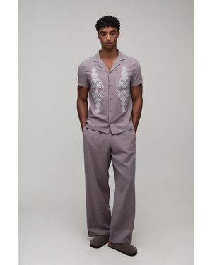 BoohooMAN Textured Embroidered Regular Shirt & Wide Leg Trouser Set - Grey