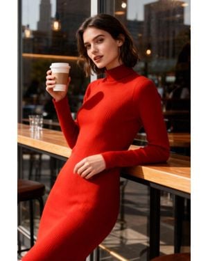 TOMMY LIFE Ribbed Turtleneck Midi Dress - Red