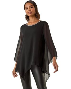 Roman Diamante Asymmetric Chiffon Top - Black