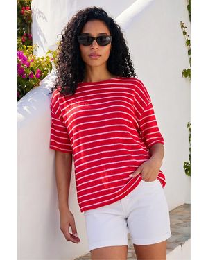 Roman Stripe Print Snit Jersey Top - Red
