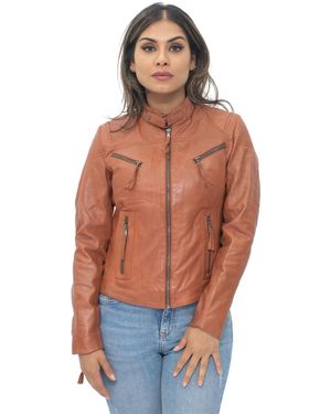 Infinity Leather Casual Slim-Fit Biker Jacket-Tulsa - Orange