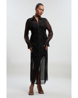 Karen Millen Archive Plus Size Mesh Embellished Embroidered Sheer Shirt Dress - Black