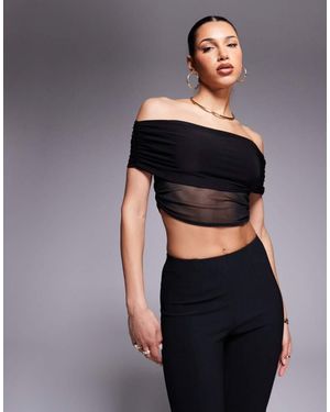 Missy Empire Double Layered Slinky Mesh Detail Bardot Fold Over Top - Grey