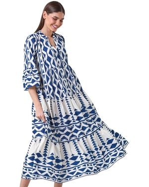 Roman Aztec Print Tiered Midi Smock Dress - Blue
