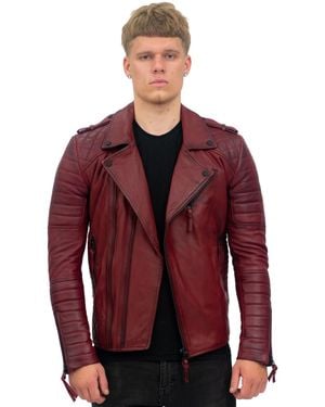 Infinity Leather Slim-Fit Double Zip Brando Biker Jacket-Cairo - Red