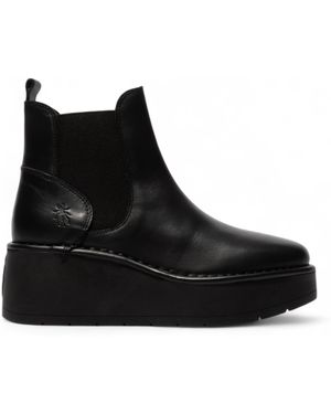 Fly London Hely Chelsea Leather Ankle Pull-On Platform Comfort Boots - Black