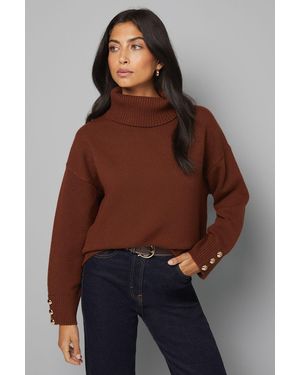 Wallis Roll Neck Button Cuff Jumper - Brown