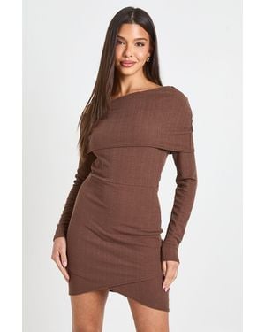 Boohoo Crinkle Rib Fold Over Bardot Dress - Brown