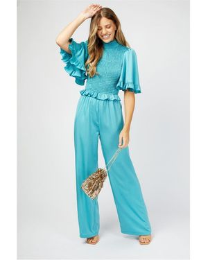 Little Mistress High Neck Short Sleeve Solid Patterned Jumpsuit - Blue