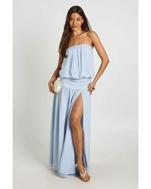 Boohoo Chiffon Bandeau Blouson Ruched Drop Waist Maxi Dress - Blue