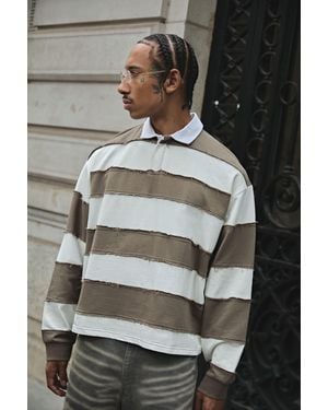 BoohooMAN Oversized Boxy Distressed Long Sleeve Rugby Polo - Grey