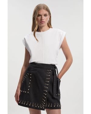 Karen Millen Denim Studded Wrap Mini Skirt - White
