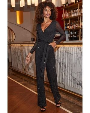 Sosandar Sparkle Wrap Front Wide Leg Jumpsuit - Black