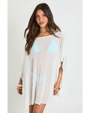Boohoo Stripe Sheer Mesh Cape Beach Dress - White