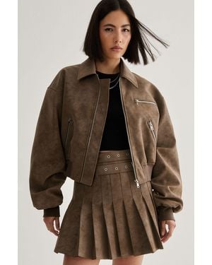 Nasty Gal Distressed Faux Leather Bomber Jacket - Brown