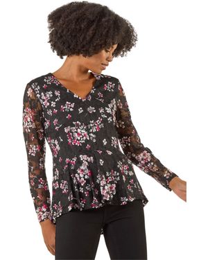 Roman Printed Mesh V-Neck Top - Black