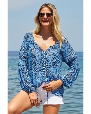 Sosandar Animal Print Blouse With Luxe Metallic Stripe - Blue