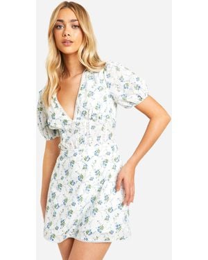 Boohoo Cotton Dobby Floral Smock Dress - White