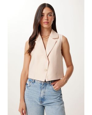 Happiness İstanbul Sleeveless Linen Shawl Collar Cropped Waistcoat - Blue