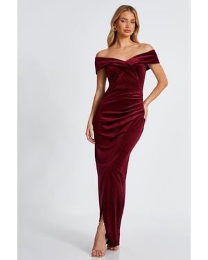 Quiz Dark Velvet Bardot Maxi Dress - Red