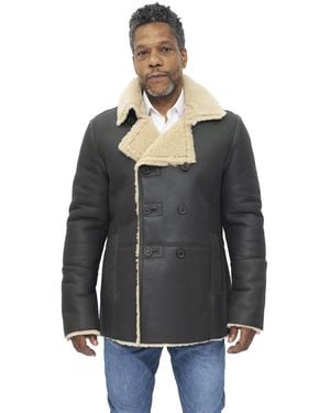 Infinity Leather Double Breasted Shearling Sheepskin Pea Coat-Valencia - Black