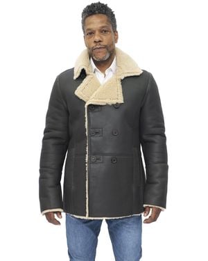 Infinity Leather Double Breasted Shearling Sheepskin Pea Coat-Valencia - Black