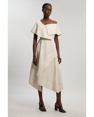 Karen Millen Petite Premium Viscose Linen Tailored Asymmetric Neck Full Skirted Midi Dress - Natural