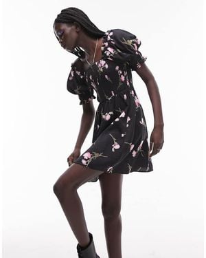 TOPSHOP Shirred Mini Tea Dress With Puff Sleeve - Black