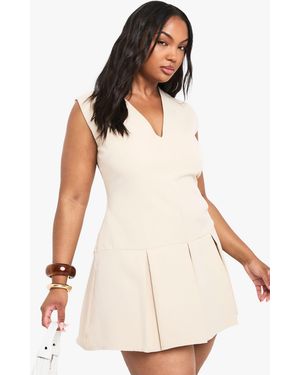 Boohoo Plus V Neck Tailored Pleated Dress - Natural