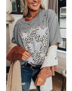 Azura Exchange Stars Leopard Graphic Distressed Tee - Grey