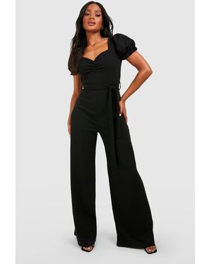 Boohoo Puff Sleeve Tie Waist Wide Leg Jumpsuit - Black
