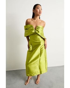 Warehouse Petite Satin Twill Notch Front Bardot Midi Dress - Green