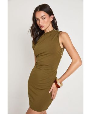 Boohoo Asymmetric Sleeve Pearlised Button Mini Dress - Green