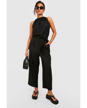 Boohoo Petite Belted Halter Linen Look Culotte Jumpsuit - Black