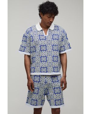 BoohooMAN Oversized Boxy Crochet Square Knitted Polo And Short Set - Blue