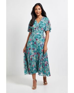 Wallis Petite Floral Chiffon Pleated Sleeve Midi Dress - Blue