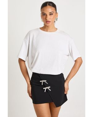 Boohoo Bengaline Mini Skirt With Diamante Bow Detail - White