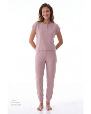 Penti Midnight Ribbed Short Sleeve Pyjama Set - Red