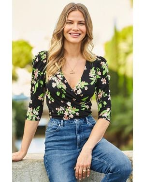 Sosandar Print Faux Wrap Top Denim - Green