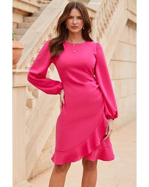 Sosandar Cerise Ruffle Detail Fit & Flare Dress - Pink