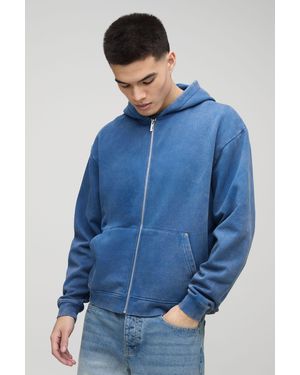 BoohooMAN Oversized Boxy Zip Through Denim Wash Hoodie - Blue